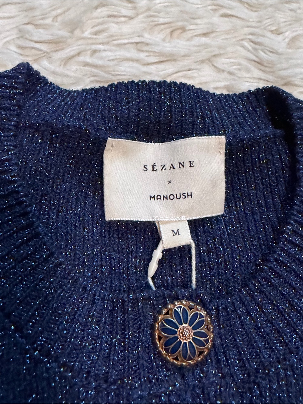 NWT Sézane x Manoush Vera Sweater in Marine Blue Metallic Knit - Size Medium - Picture 3 of 6